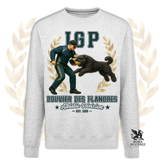 Una felpa girocollo stampata con un Bovaro delle Fiandre che fa IGP. Grafica originale Roba Bestiale