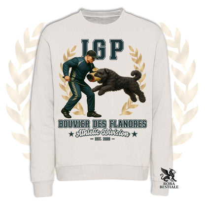 Una felpa girocollo stampata con un Bovaro delle Fiandre che fa IGP. Grafica originale Roba Bestiale
