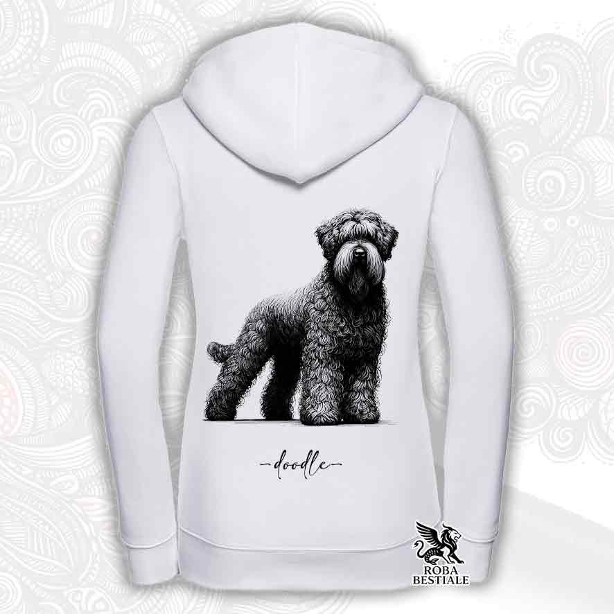 Felpa bianca con cappuccio e zip, stampata con un Bovaro delle Fiandre, grafica Doodle