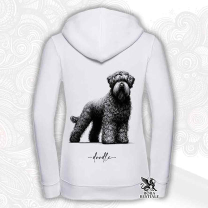 Felpa bianca con cappuccio e zip, stampata con un Bovaro delle Fiandre, grafica Doodle