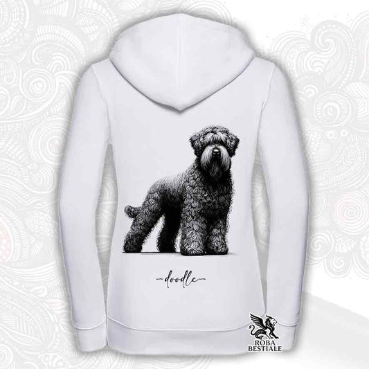 Felpa bianca con cappuccio e zip, stampata con un Bovaro delle Fiandre, grafica Doodle