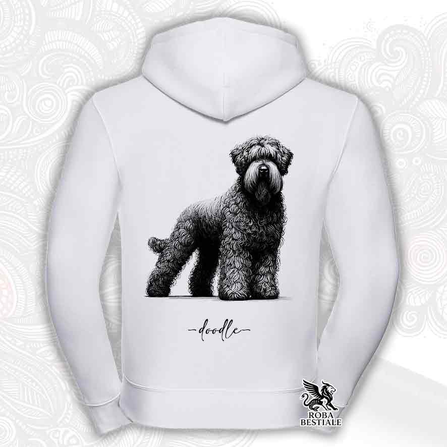 Felpa bianca con cappuccio e zip, stampata con un Bovaro delle Fiandre, grafica Doodle