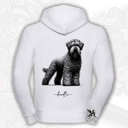 Felpa bianca con cappuccio e zip, stampata con un Bovaro delle Fiandre, grafica Doodle