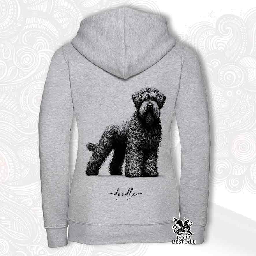 Felpa grigia con cappuccio e zip, stampata con un Bovaro delle Fiandre, grafica Doodle