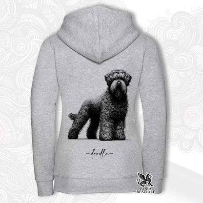 Felpa grigia con cappuccio e zip, stampata con un Bovaro delle Fiandre, grafica Doodle