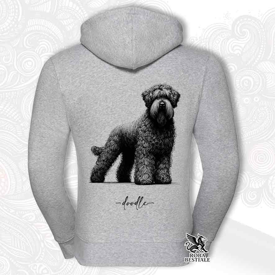 Felpa grigia con cappuccio e zip, stampata con un Bovaro delle Fiandre, grafica Doodle