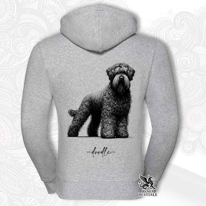Felpa grigia con cappuccio e zip, stampata con un Bovaro delle Fiandre, grafica Doodle