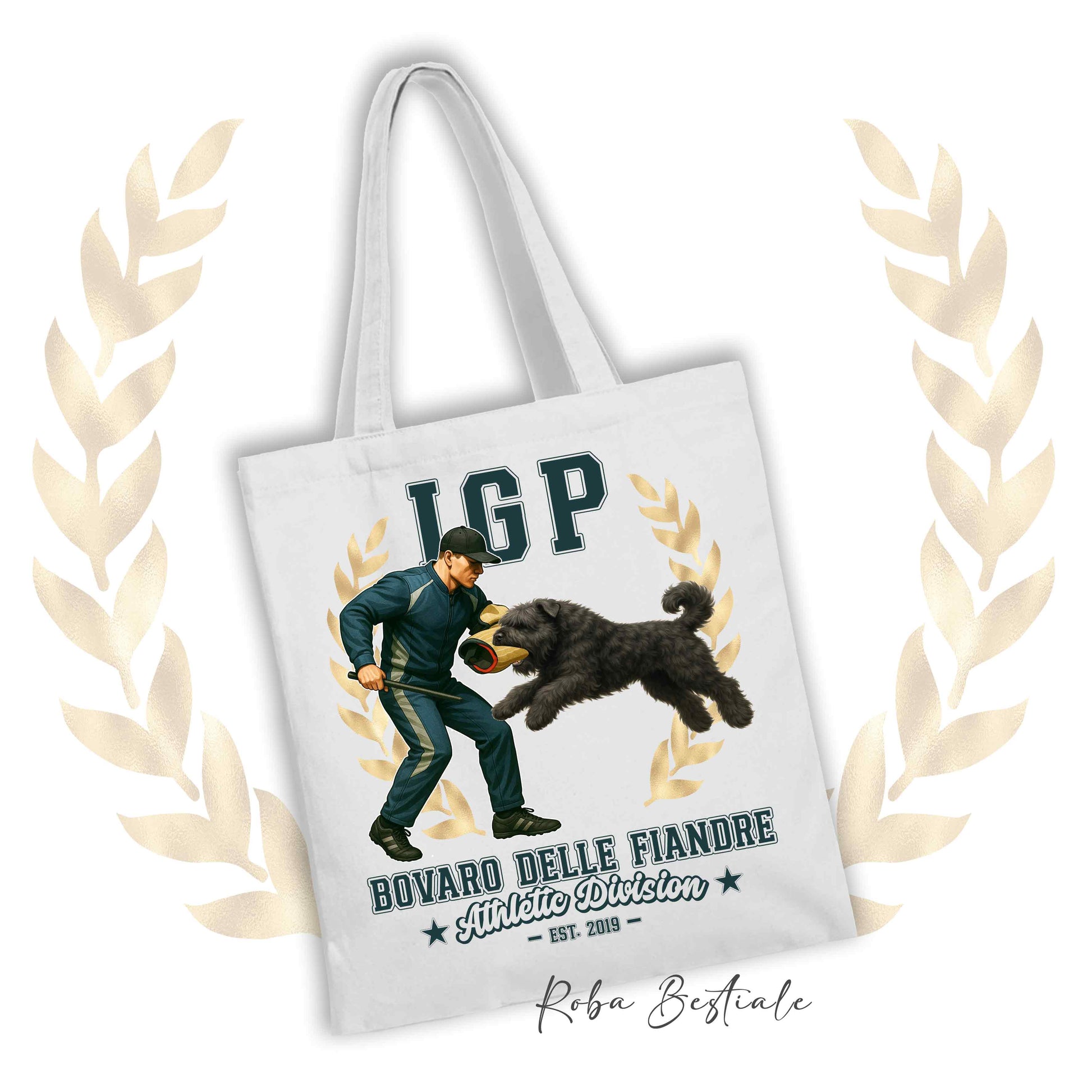 Borsa shopper stampata con un Bovaro delle Fiandre che fa IGP. Grafica originale Roba Bestiale