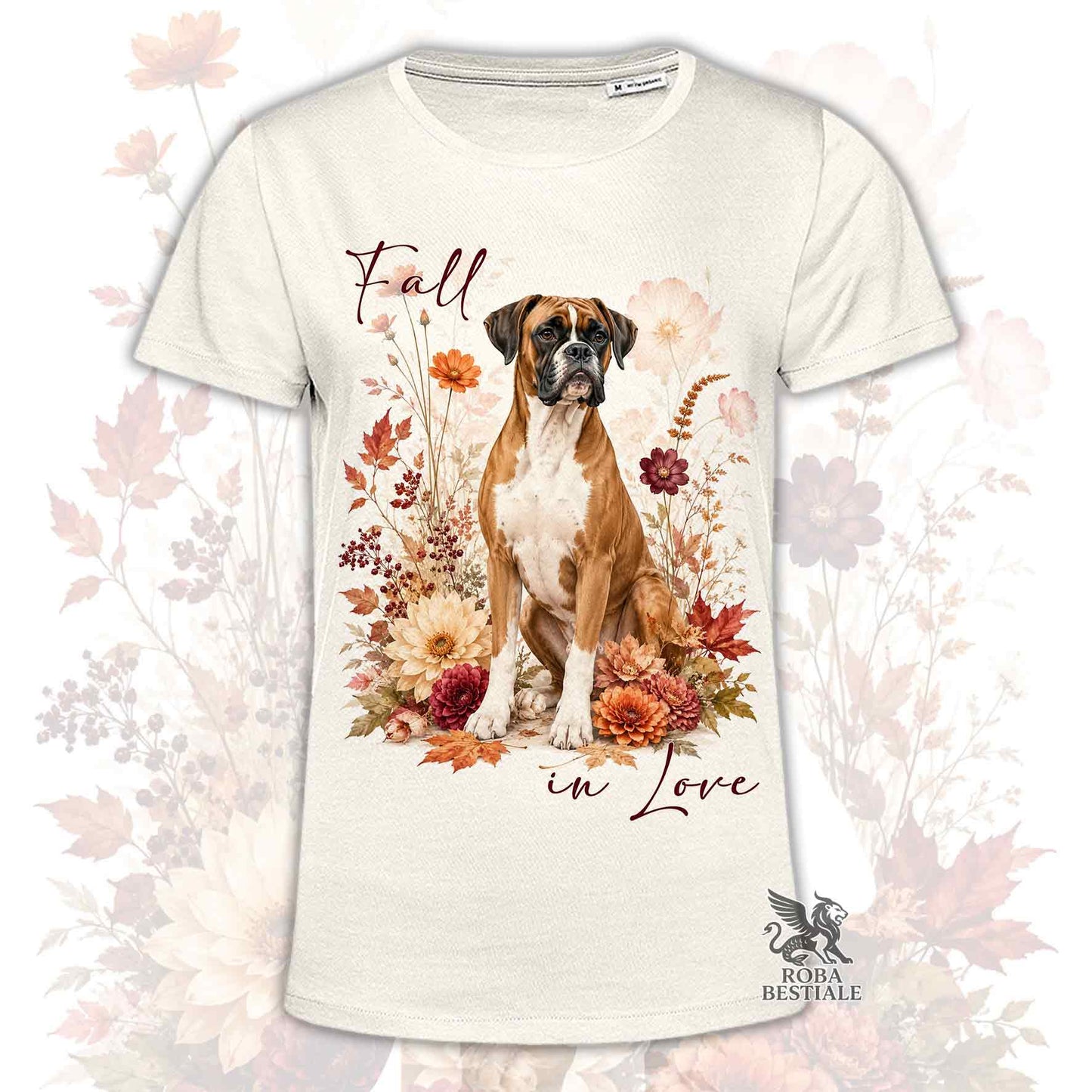T-shirt beige stampata con un Boxer seduto in mezzo a fiori e foglie autunnali. Grafica originale Roba Bestiale, collezione Fall in Love