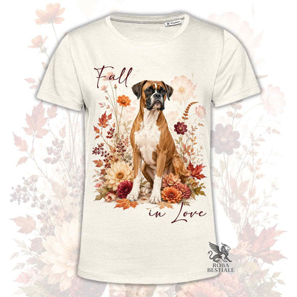T-shirt beige stampata con un Boxer seduto in mezzo a fiori e foglie autunnali. Grafica originale Roba Bestiale, collezione Fall in Love