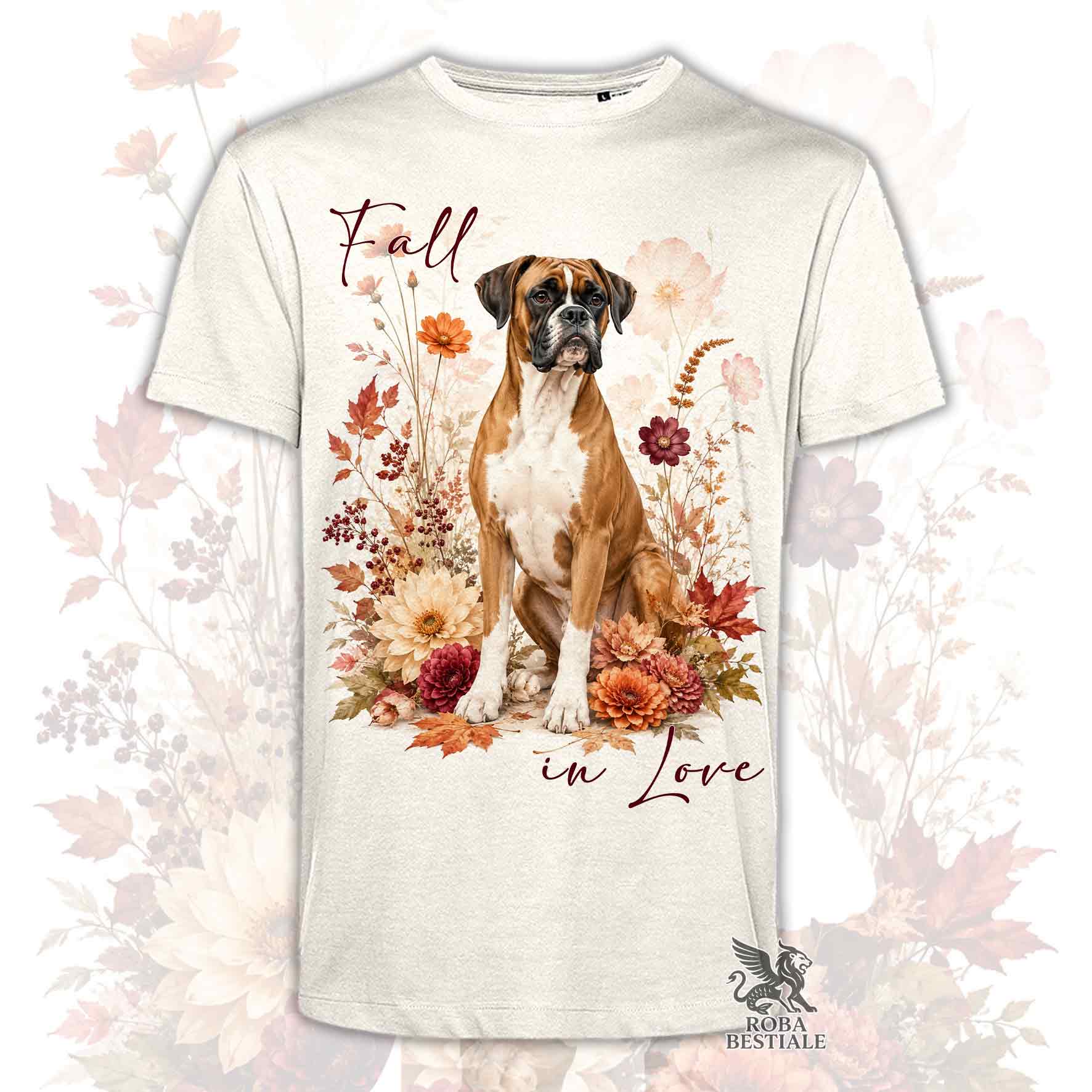 T-shirt beige stampata con un Boxer seduto in mezzo a fiori e foglie autunnali. Grafica originale Roba Bestiale, collezione Fall in Love