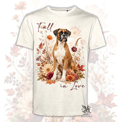 T-shirt beige stampata con un Boxer seduto in mezzo a fiori e foglie autunnali. Grafica originale Roba Bestiale, collezione Fall in Love