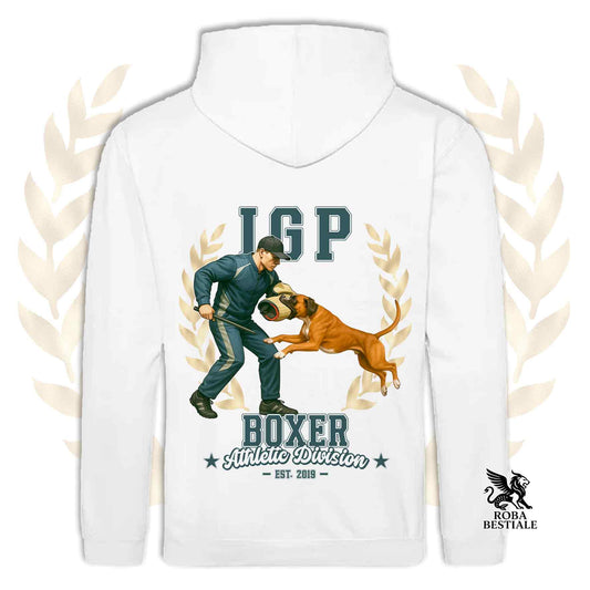 Una felpa con cappuccio e tasconi stampata con un Boxer che fa IGP. Grafica originale Roba Bestiale