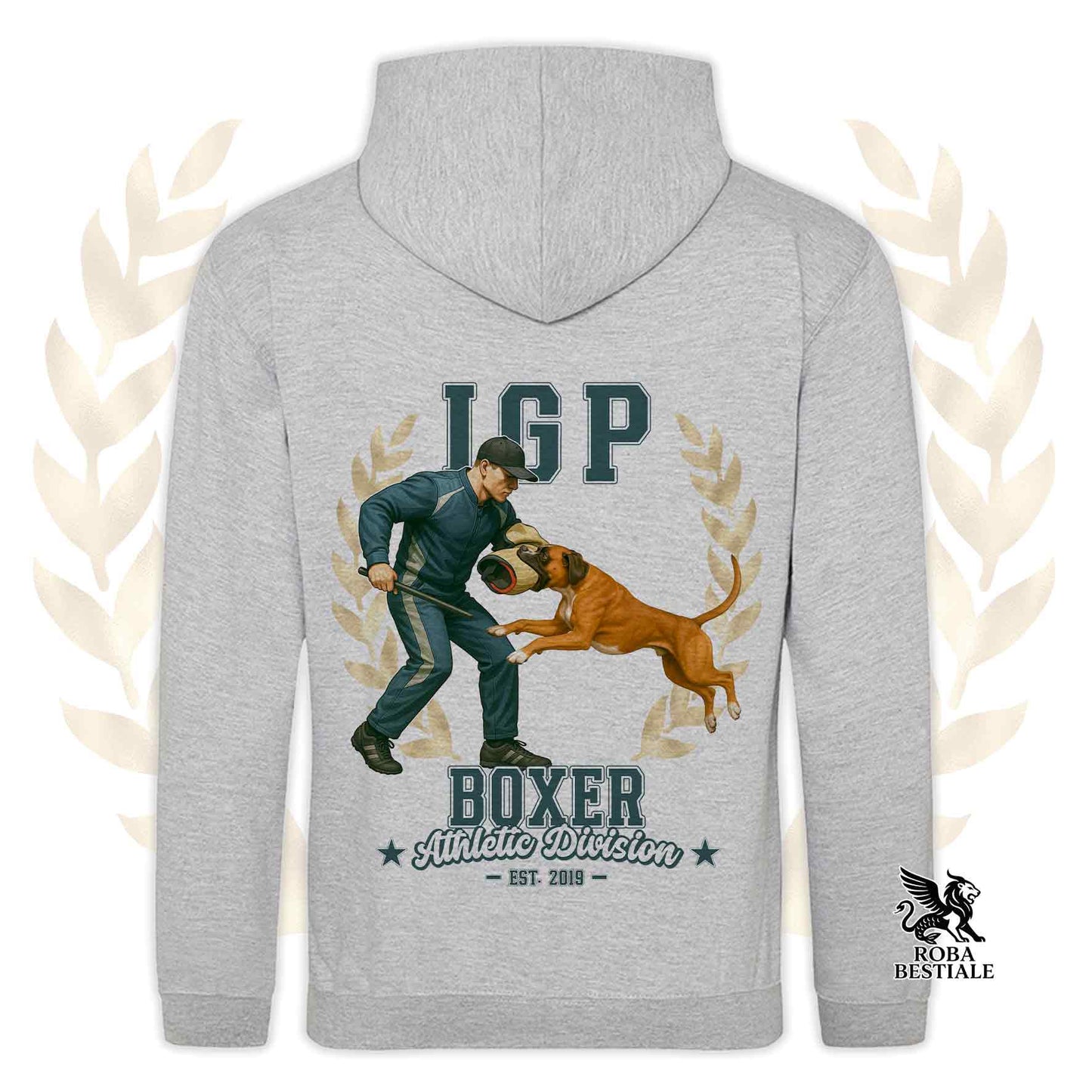 Una felpa con cappuccio e tasconi stampata con un Boxer che fa IGP. Grafica originale Roba Bestiale