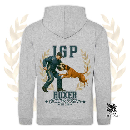 Una felpa con cappuccio e tasconi stampata con un Boxer che fa IGP. Grafica originale Roba Bestiale