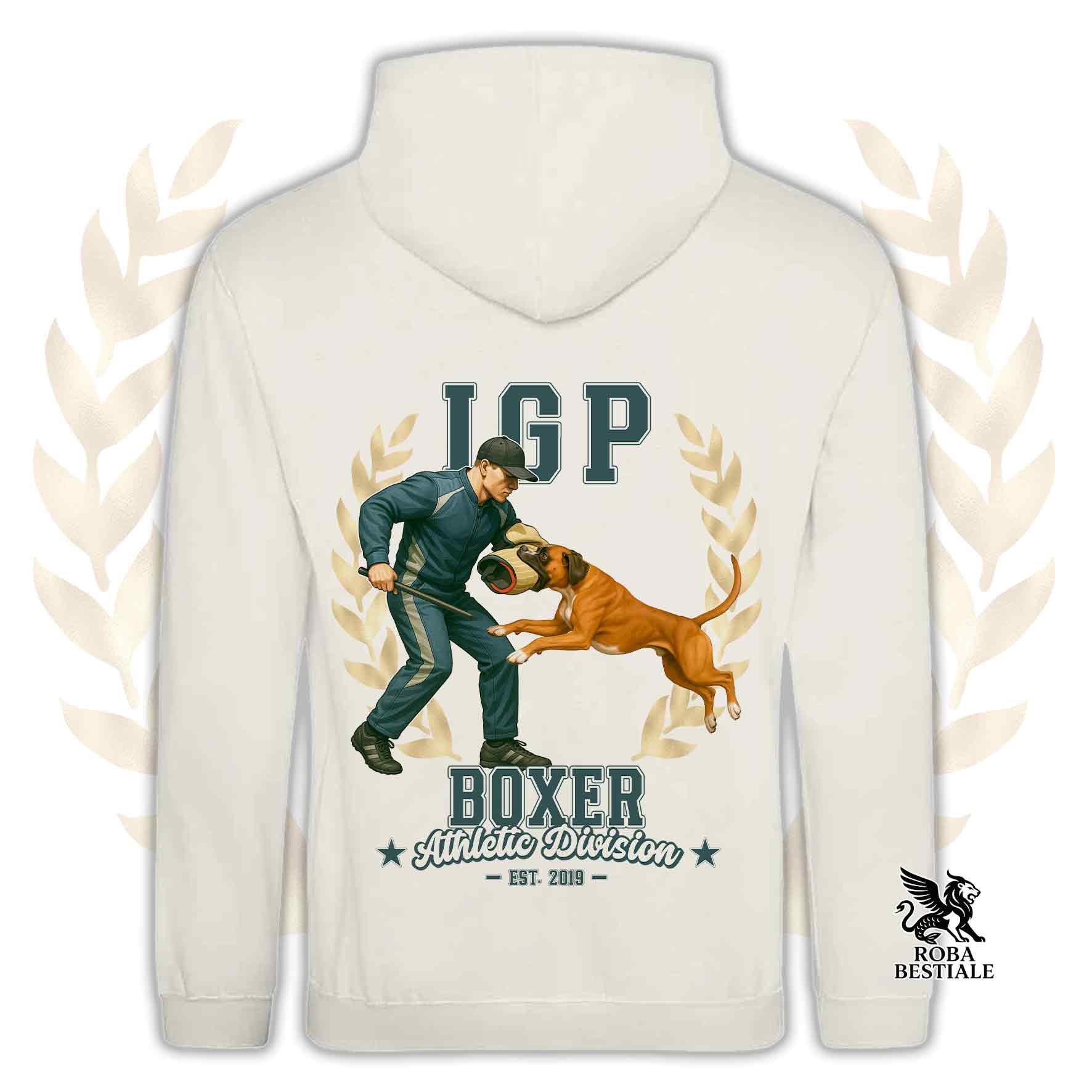 Una felpa con cappuccio e tasconi stampata con un Boxer che fa IGP. Grafica originale Roba Bestiale
