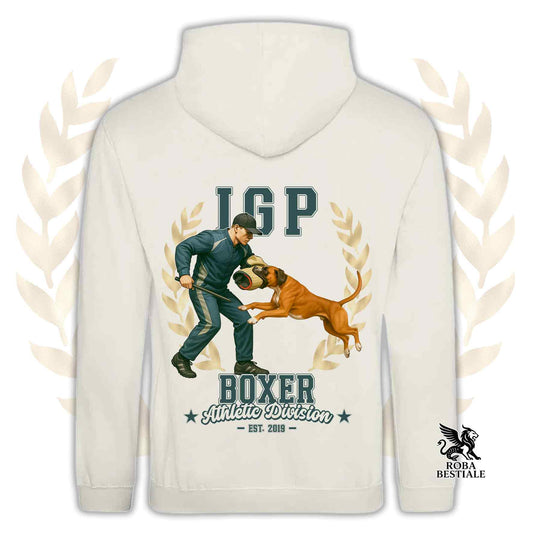 Una felpa con cappuccio e tasconi stampata con un Boxer che fa IGP. Grafica originale Roba Bestiale