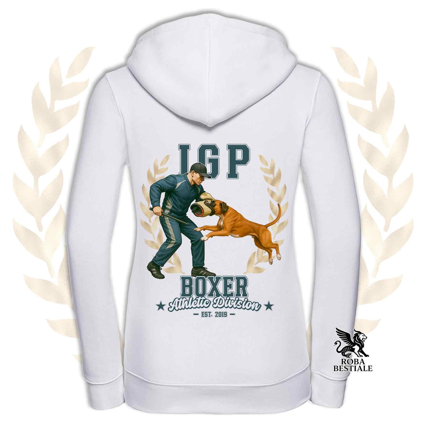 Una felpa con cappuccio e zip stampata con un Boxer fulvo che fa IGP. Grafica originale Roba Bestiale