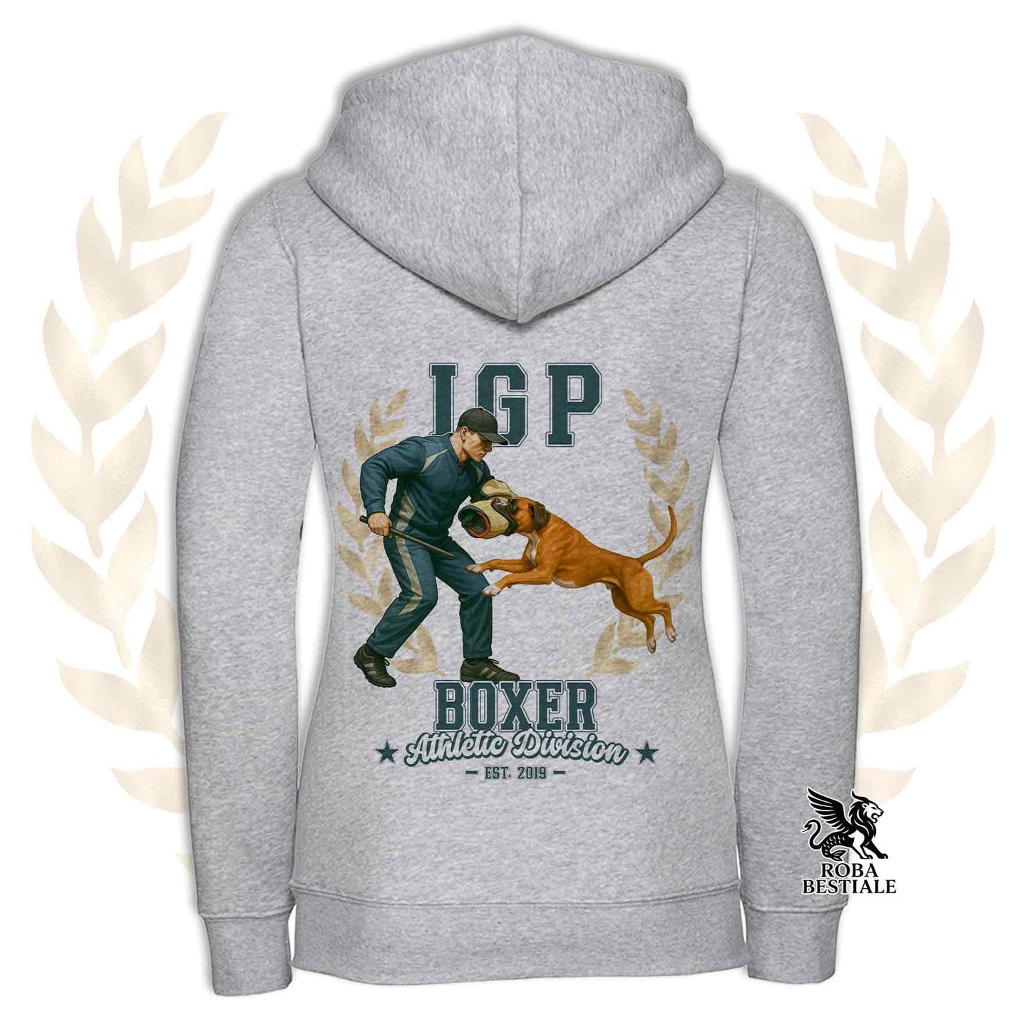 Una felpa con cappuccio e zip stampata con un Boxer fulvo che fa IGP. Grafica originale Roba Bestiale
