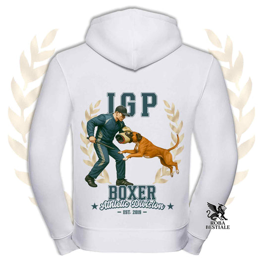 Una felpa con cappuccio e zip stampata con un Boxer fulvo che fa IGP. Grafica originale Roba Bestiale