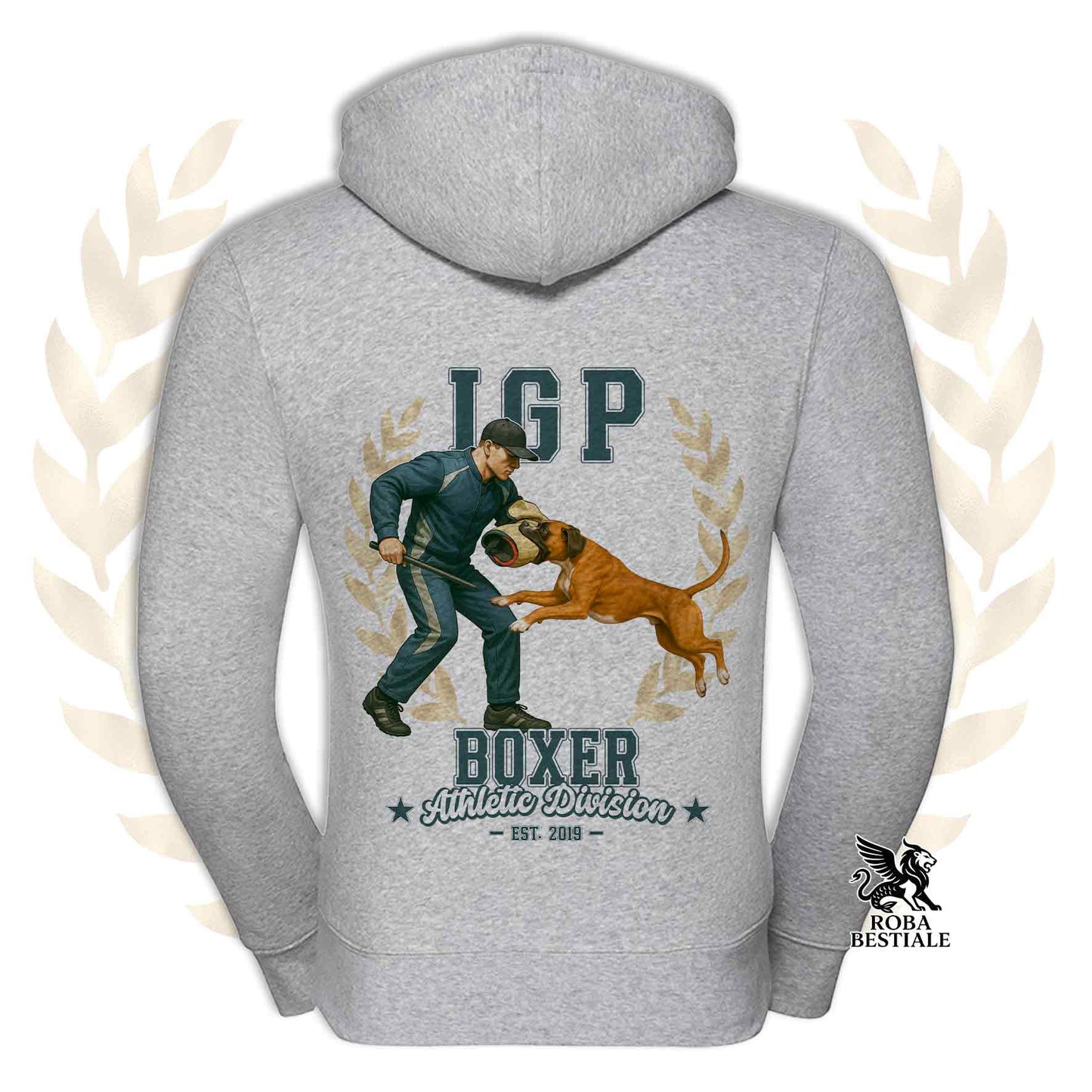 Una felpa con cappuccio e zip stampata con un Boxer fulvo che fa IGP. Grafica originale Roba Bestiale