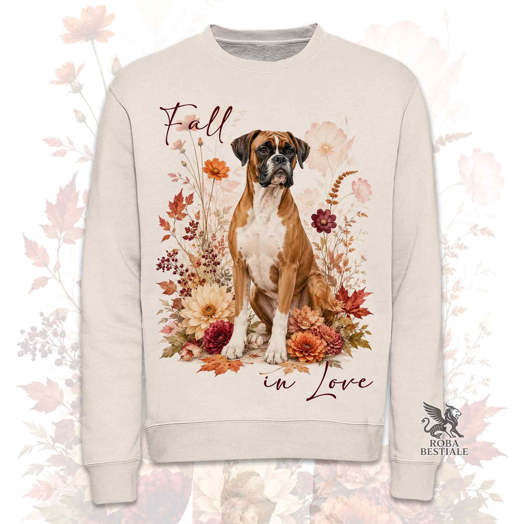 Felpa girocollo beige stampata con un Australian Shepherd seduto in mezzo a fiori e foglie autunnali. Grafica originale Roba Bestiale, collezione Fall in Love