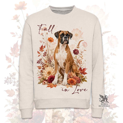 Felpa girocollo beige stampata con un Australian Shepherd seduto in mezzo a fiori e foglie autunnali. Grafica originale Roba Bestiale, collezione Fall in Love