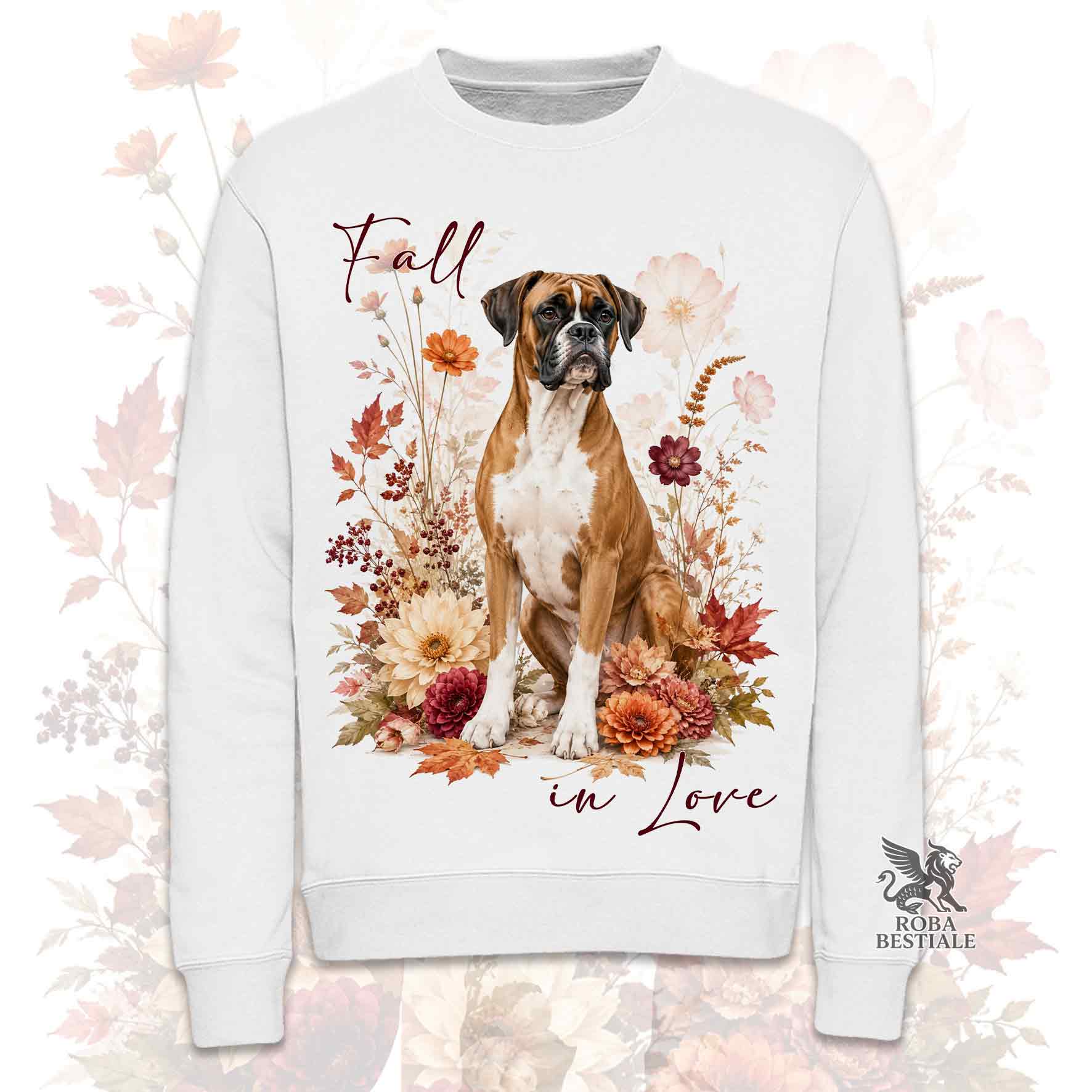 Felpa girocollo bianca stampata con un Australian Shepherd seduto in mezzo a fiori e foglie autunnali. Grafica originale Roba Bestiale, collezione Fall in Love