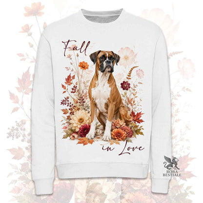 Felpa girocollo bianca stampata con un Australian Shepherd seduto in mezzo a fiori e foglie autunnali. Grafica originale Roba Bestiale, collezione Fall in Love