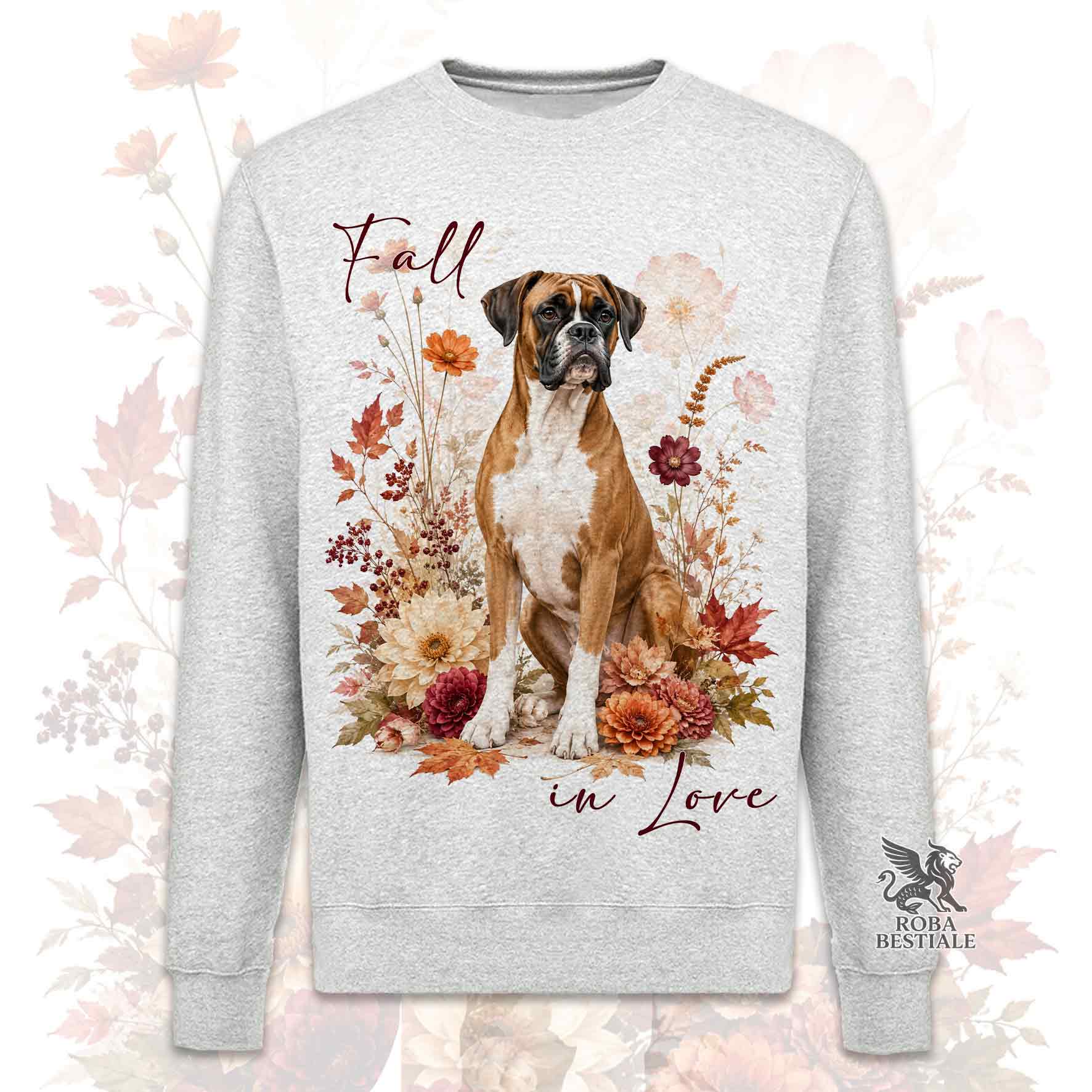 Felpa girocollo grigia stampata con un Australian Shepherd seduto in mezzo a fiori e foglie autunnali. Grafica originale Roba Bestiale, collezione Fall in Love