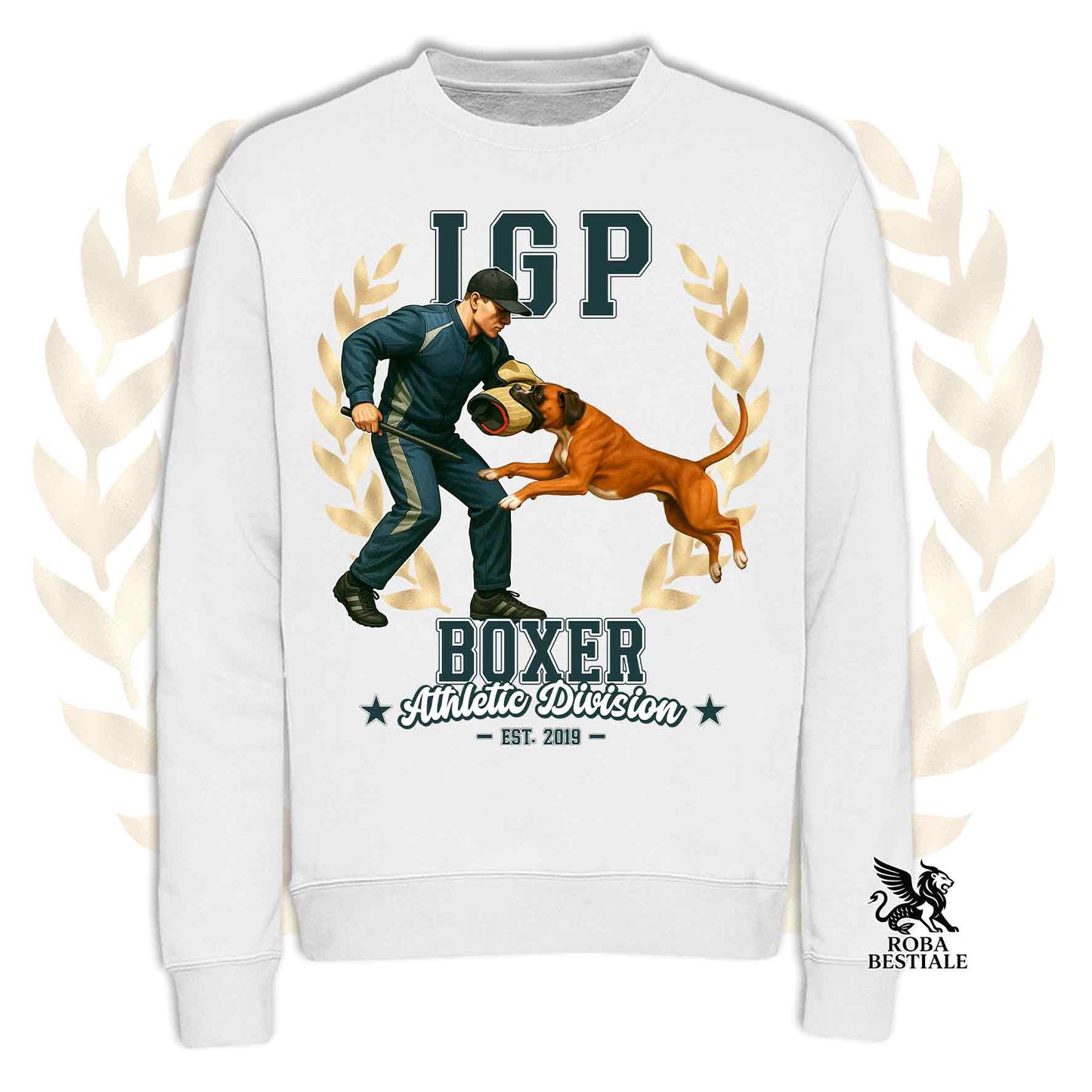 Una felpa girocollo stampata con un Boxer che fa IGP. Grafica originale Roba Bestiale