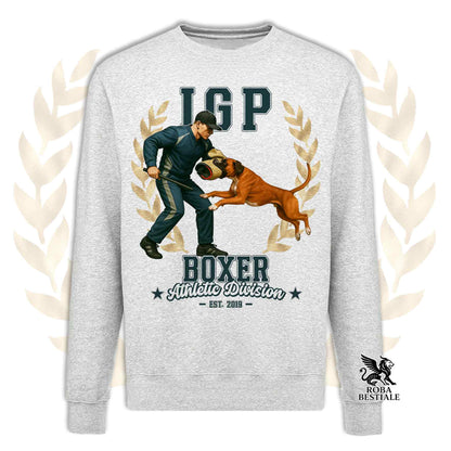 Una felpa girocollo stampata con un Boxer che fa IGP. Grafica originale Roba Bestiale
