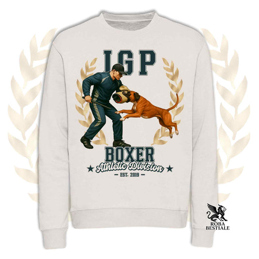 Una felpa girocollo stampata con un Boxer che fa IGP. Grafica originale Roba Bestiale