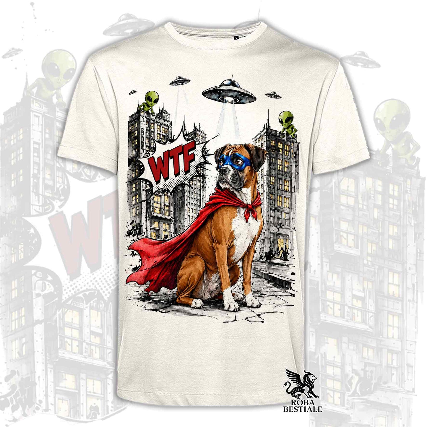 T-shirt beige stampata con un Boxer con espressione sorpresa, vestito da Super Eroe. Grafica originale Roba Bestiale, collezione Hero