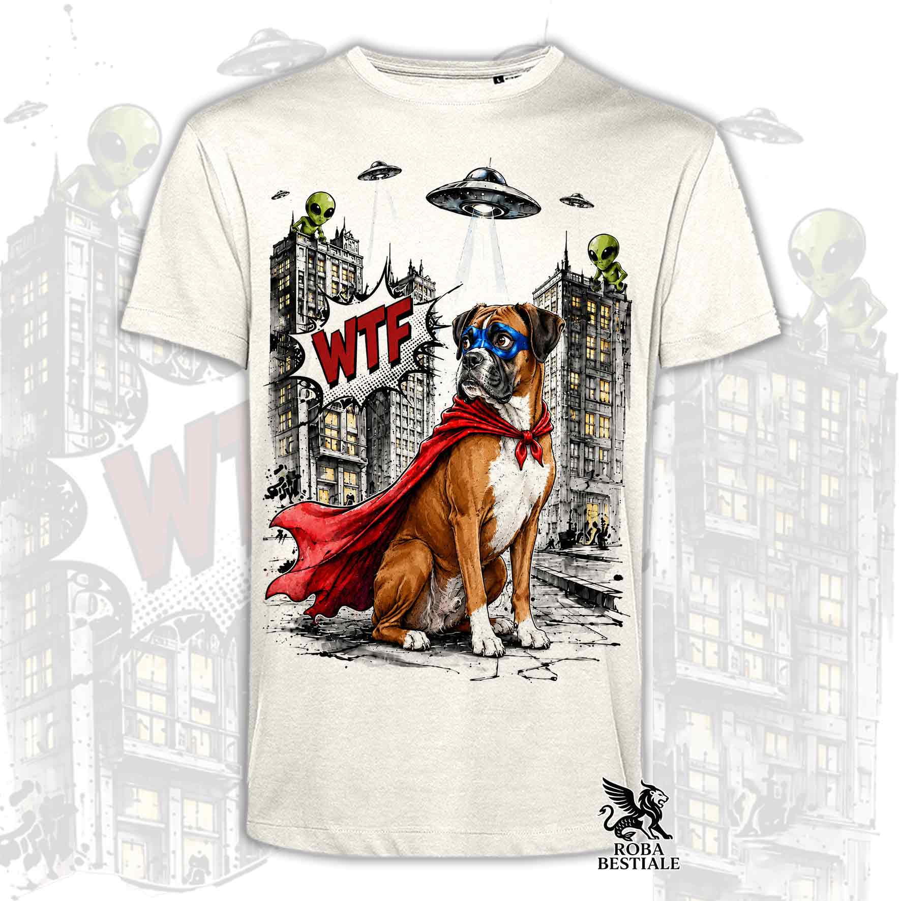 T-shirt beige stampata con un Boxer con espressione sorpresa, vestito da Super Eroe. Grafica originale Roba Bestiale, collezione Hero