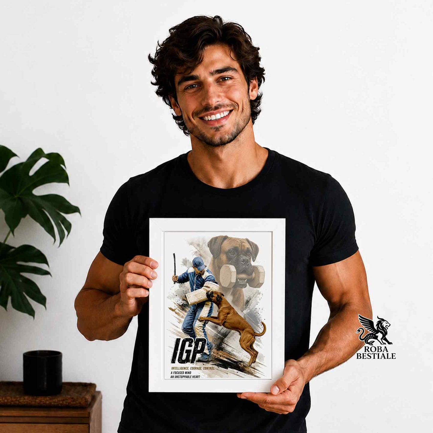 Stampa con cornice in legno con un Boxer che pratica IGP. Grafica Zero Distance, originale Roba Bestiale