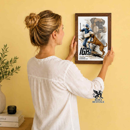 Stampa con cornice in legno con un Boxer che pratica IGP. Grafica Zero Distance, originale Roba Bestiale