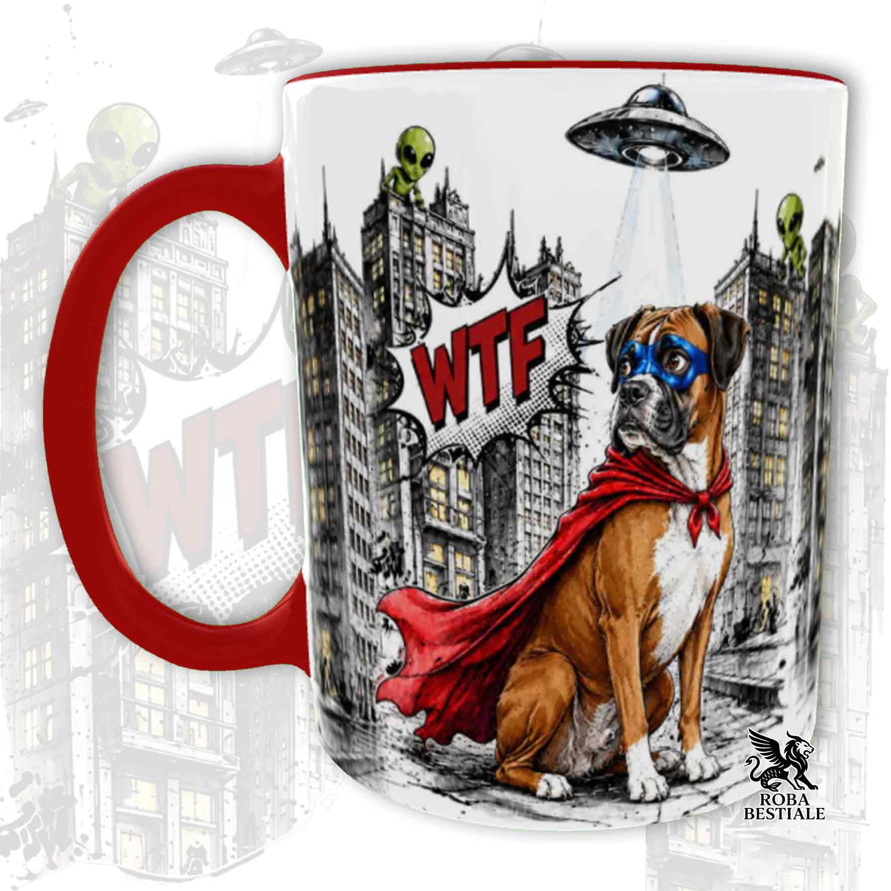 Tazza rossa stampata con un Boxer con espressione sorpresa, vestito da Super Eroe. Grafica originale Roba Bestiale, collezione Hero