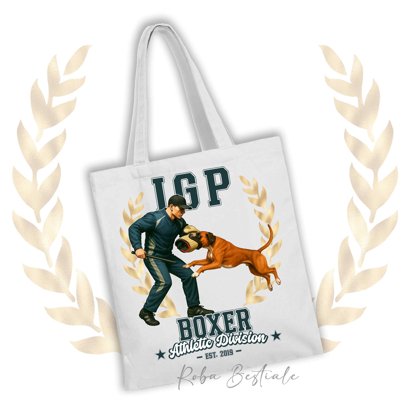 Borsa shopper stampata con un Boxer fulvo che fa IGP. Grafica originale Roba Bestiale