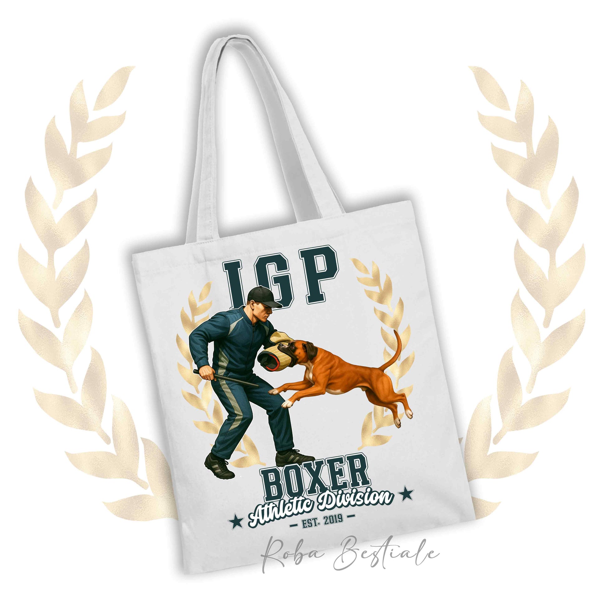 Borsa shopper stampata con un Boxer fulvo che fa IGP. Grafica originale Roba Bestiale
