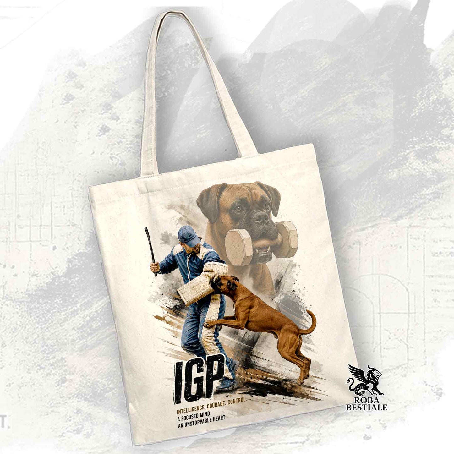 Borsa Tote beige con stampata una grafica originale di Roba Bestiale con un Boxer che fa IGP