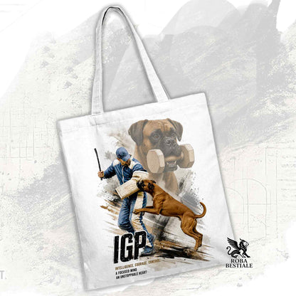 Borsa Tote bianca con stampata una grafica originale di Roba Bestiale con un Boxer che fa IGP