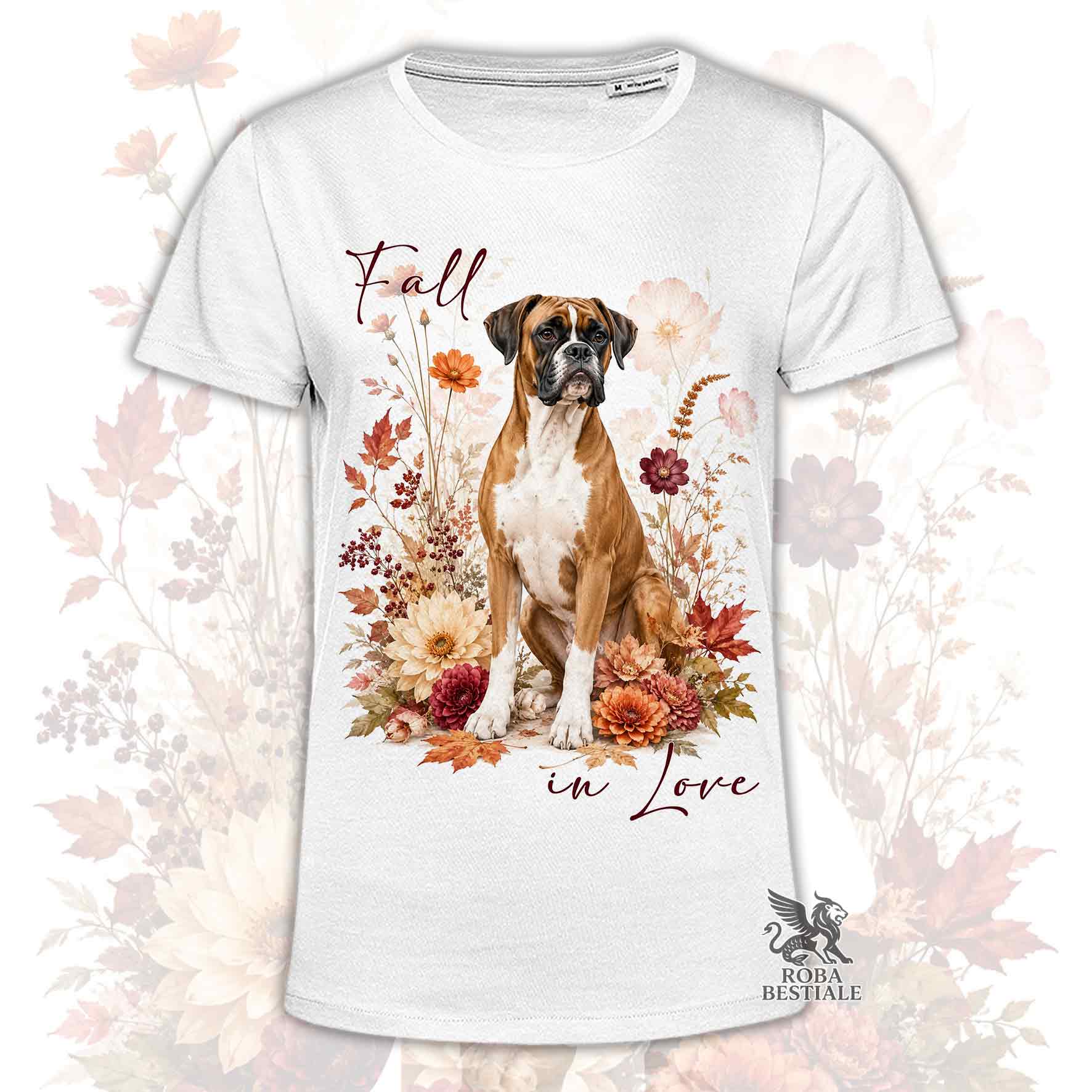 T-shirt bianca stampata con un Boxer seduto in mezzo a fiori e foglie autunnali. Grafica originale Roba Bestiale, collezione Fall in Love