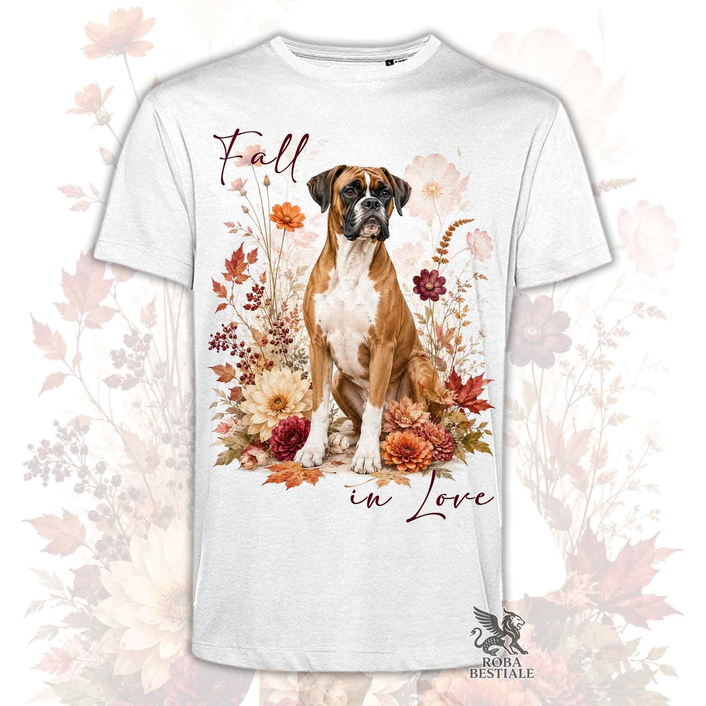 T-shirt bianca stampata con un Boxer seduto in mezzo a fiori e foglie autunnali. Grafica originale Roba Bestiale, collezione Fall in Love