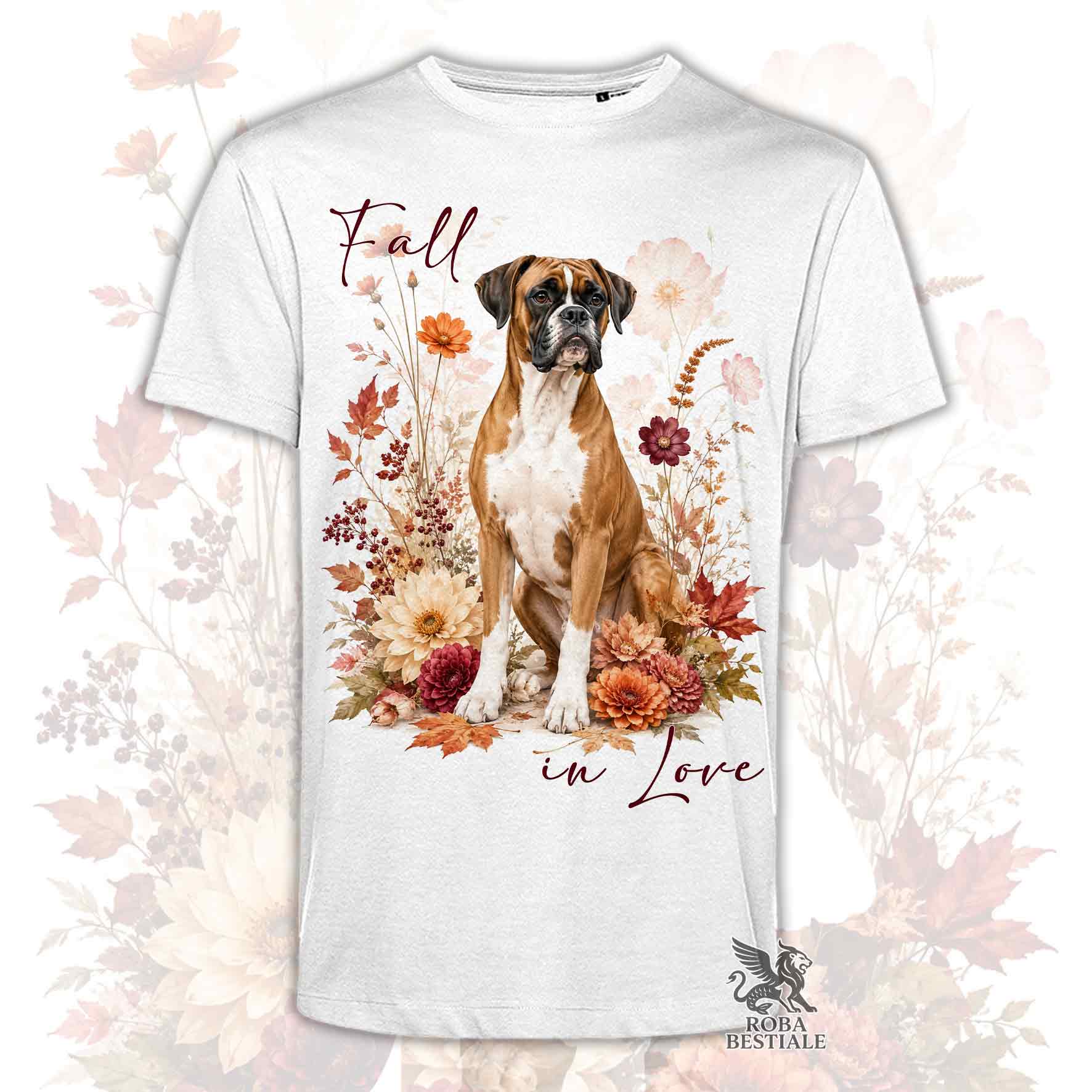T-shirt bianca stampata con un Boxer seduto in mezzo a fiori e foglie autunnali. Grafica originale Roba Bestiale, collezione Fall in Love