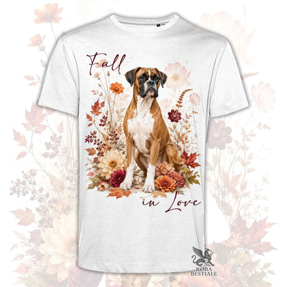 T-shirt bianca stampata con un Boxer seduto in mezzo a fiori e foglie autunnali. Grafica originale Roba Bestiale, collezione Fall in Love