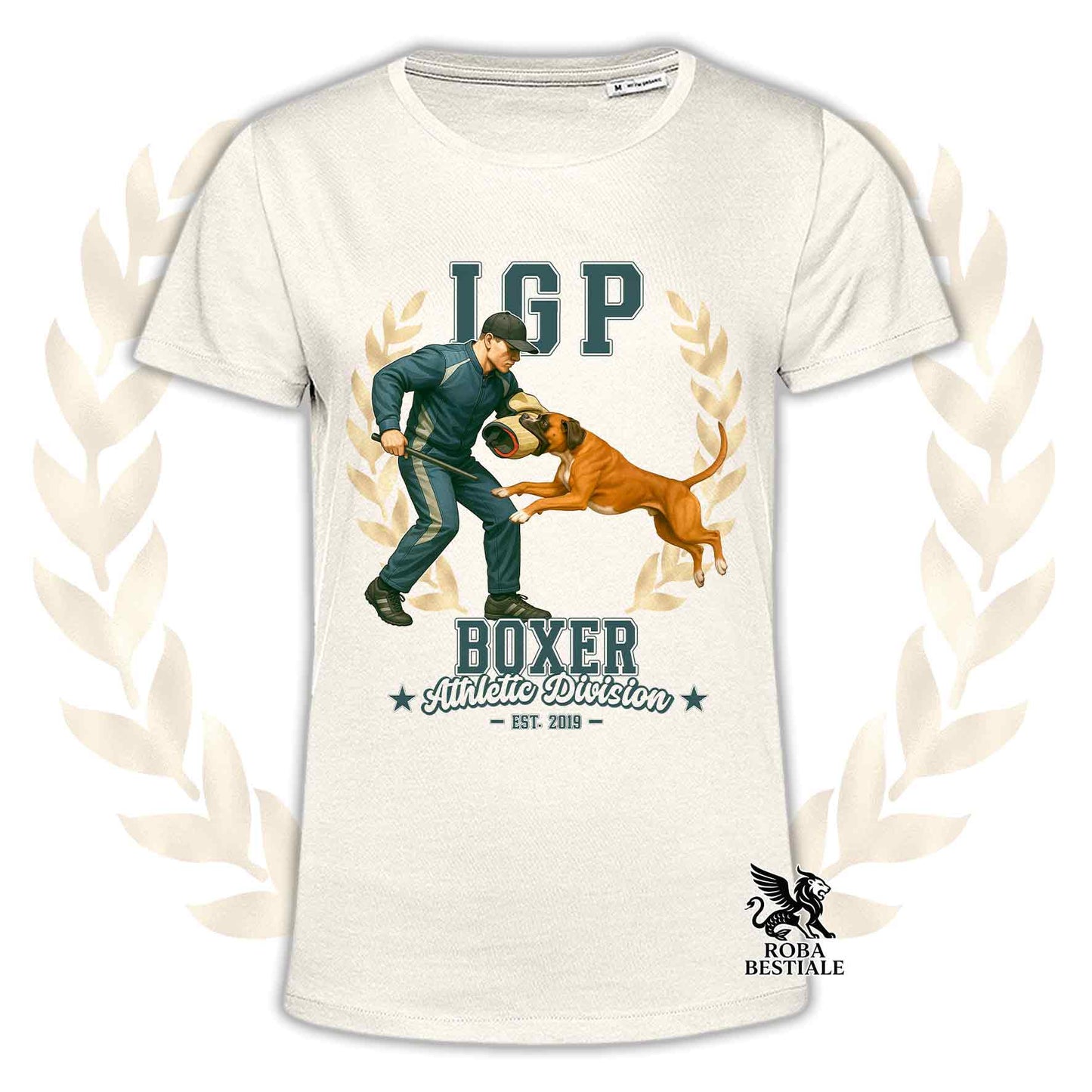 Una t-shirt stampata con un Boxer che fa IGP. Grafica originale Roba Bestiale