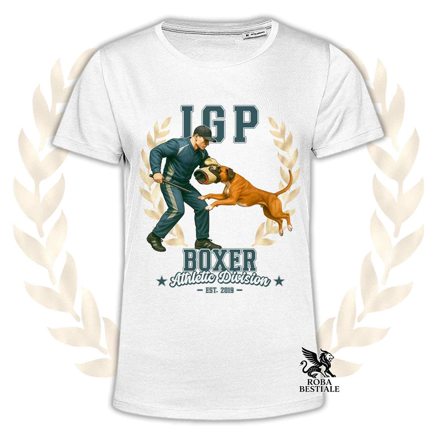 Una t-shirt stampata con un Boxer che fa IGP. Grafica originale Roba Bestiale