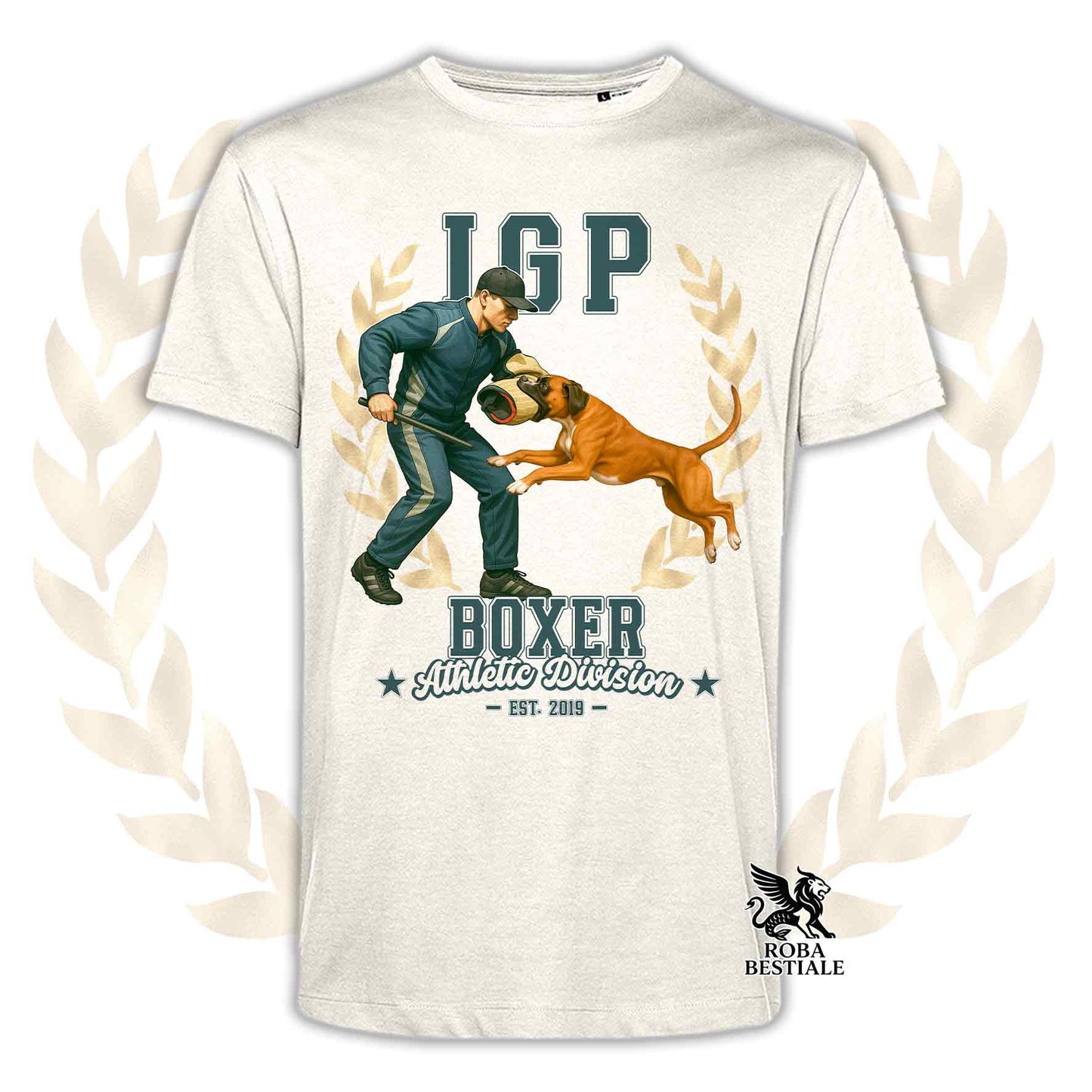 Una t-shirt stampata con un Boxer che fa IGP. Grafica originale Roba Bestiale