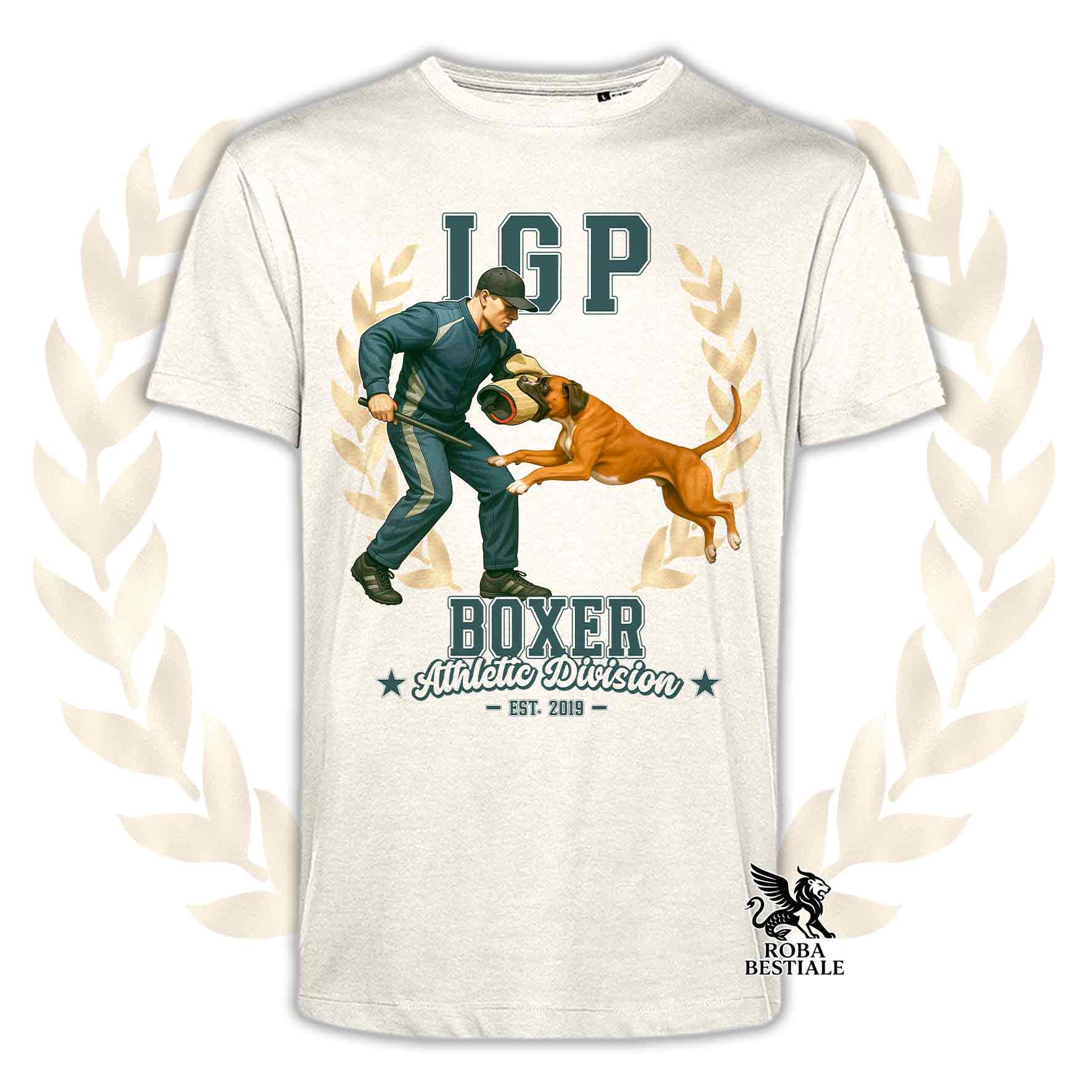 Una t-shirt stampata con un Boxer che fa IGP. Grafica originale Roba Bestiale